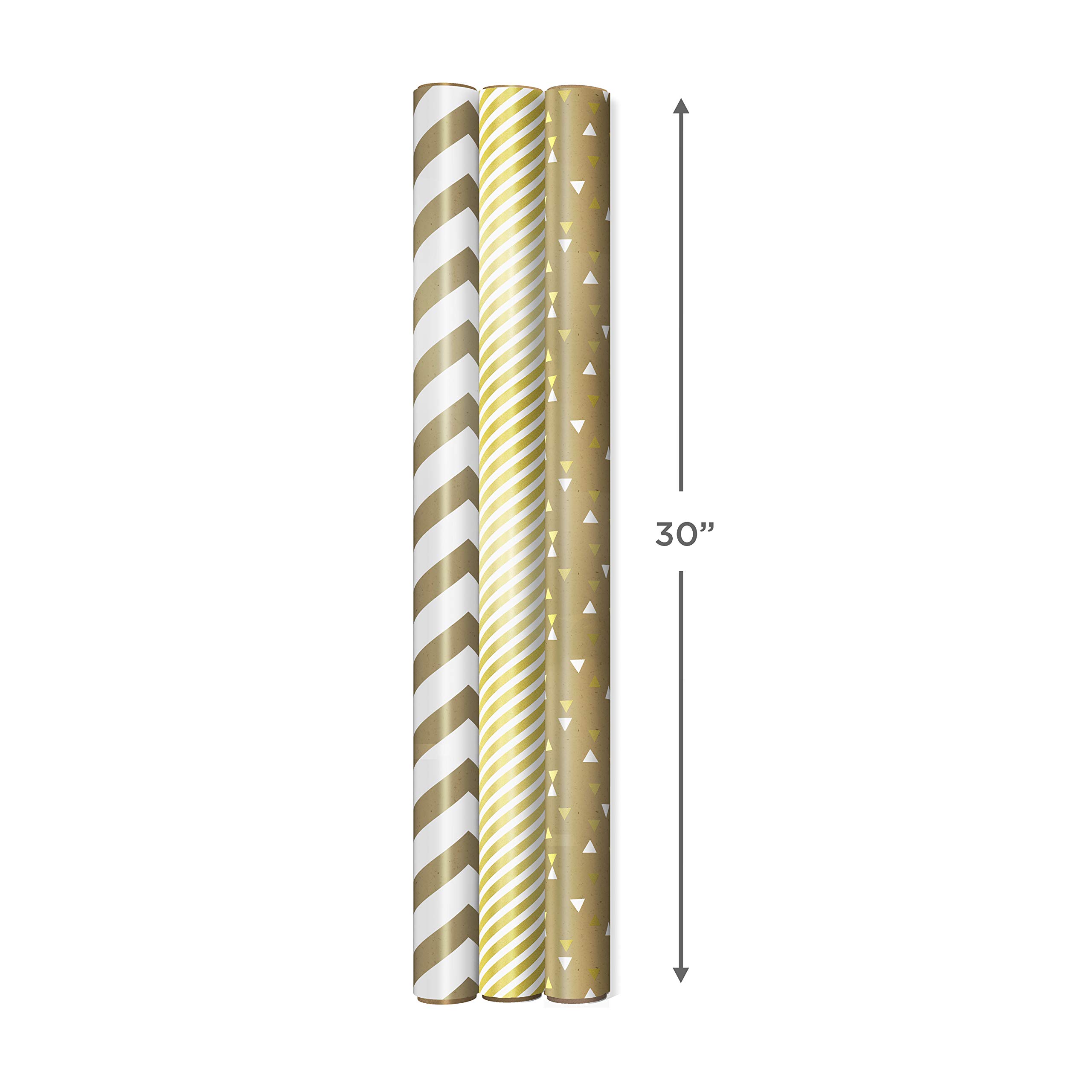 Hallmark All Occasion Reversible Wrapping Paper - Gold & Kraft Stripes, Triangles, Chevron, Polka Dots (3 Rolls: 75 sq. ft. ttl) for Birthdays, Christmas, Hanukkah, Crafts