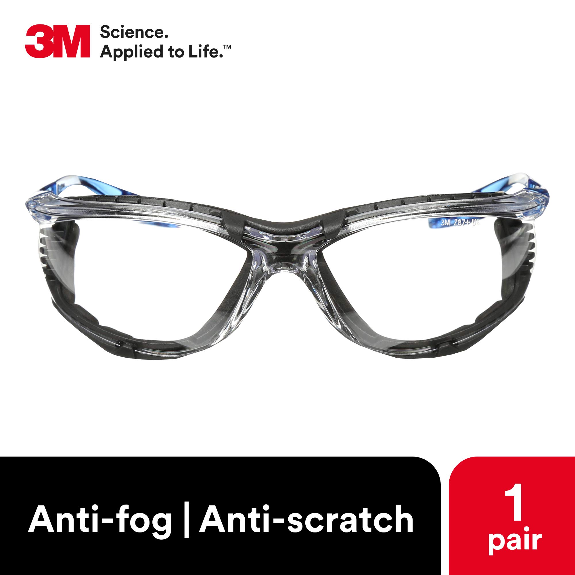 3M Safety Glasses, Virtua CCS, ANSI Z87, Anti-Fog, Clear Lens, Blue Frame, Corded Ear Plug Control System, Removable Foam Gasket