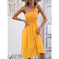 2023 Women's Dresses Solid One Shoulder Knot Detail Dress Women's Dresses (Color : Yellow, Size : Small)