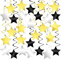 Black, Gold and Silver Star Hanging Swirls - Pack of 60, No DIY | Black and Gold Party Decorations, Hollywood Party Decorations | Black, Gold Swirls for Graduation Decorations, Retirement Decorations