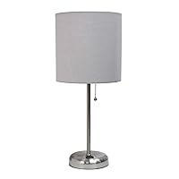 Simple Designs LT2024-GRY Brushed Steel Stick Table Desk Lamp with Charging Outlet and Drum Fabric Shade, Gray Shade