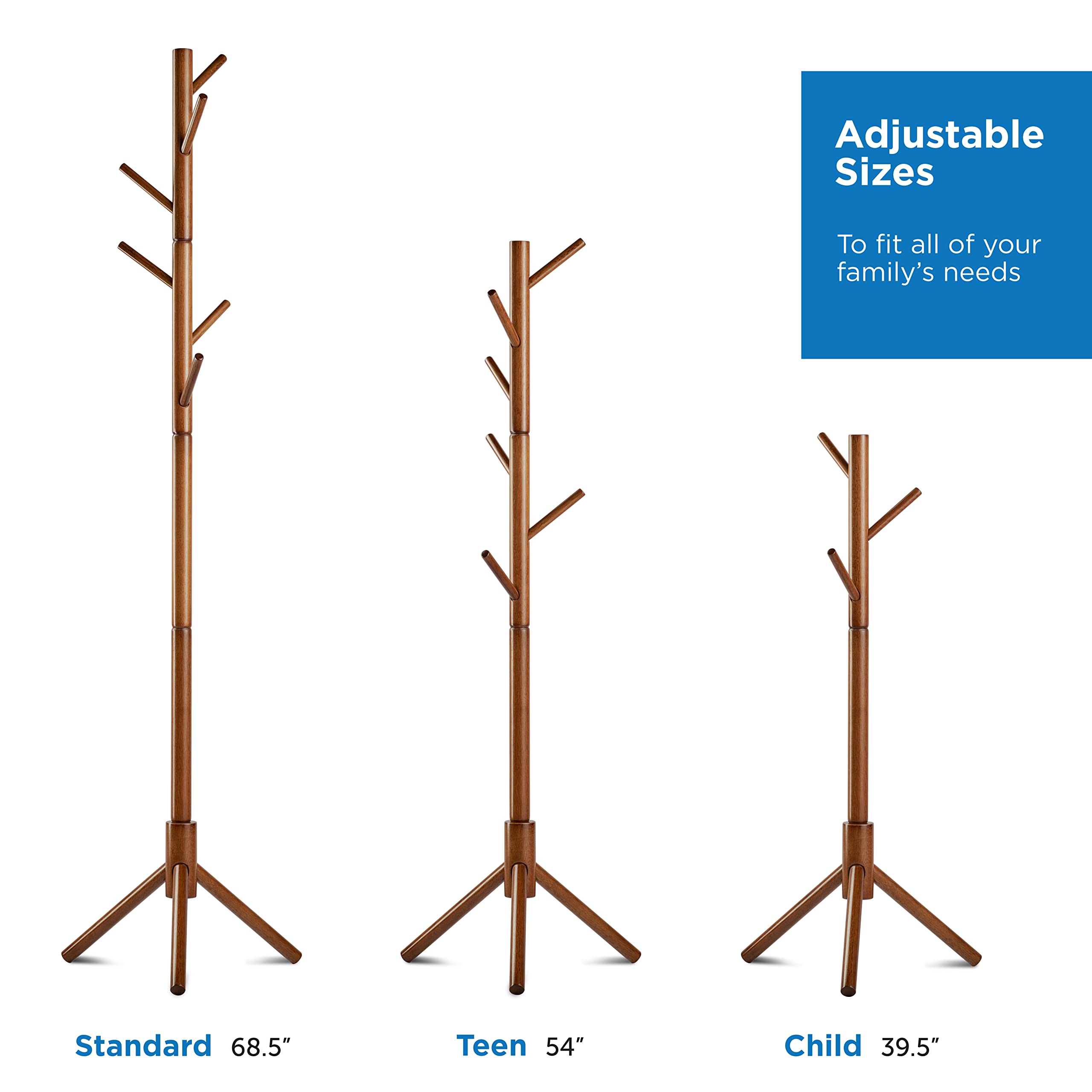 MELDEVO Wooden Tree Coat Rack Stand, 6 Hooks - Super Easy Assembly NO Tools Required - 3 Adjustable Sizes Free Standing Coat Rack, Hallway/Entryway Coat Hanger Stand for Clothes, Suits, Accessories