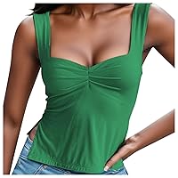 Women's 2023 Summer Casual Soft Sleeveless Crop Tank Top Sexy Pleated Bustier Neck Strappy Slits Cropped Vest
