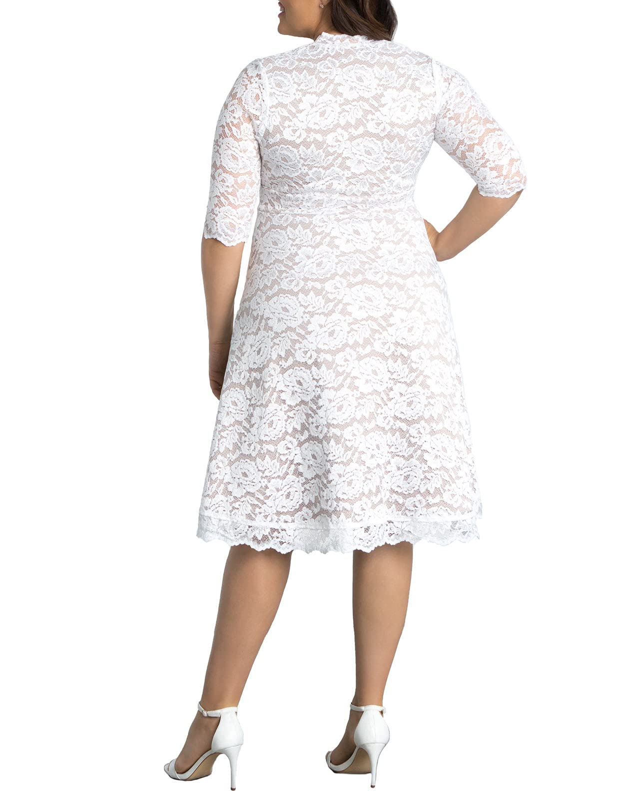 Kiyonna Women's Plus Size Bella Short Ivory Lace Dress, Simple White Wedding, Bridal Shower, or Graduation Midi Dress