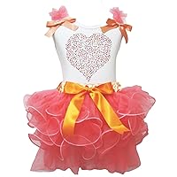 Valentine Dress Rhinestone Heart White Shirt Orange Bow Coral Petal Skirt Set 1-8y