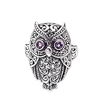 NOVICA Artisan Handmade Amethyst Cocktail Ring .925 Sterling Silver Owl from Bali Indonesia Gemstone Animal Themed Birdowl 'Purple Baby Owl'