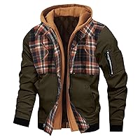 Men's Hooded Military Jacket Full Zip Plaid Hoodies Patchwork Winter Hooded Coat Casual Stylish Overcoat Outerwear