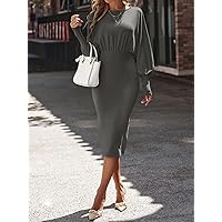 Women's Dress Batwing Sleeve Split Back Fitted Dress Dresses for Women (Color : Dark Grey, Size : X-Small)
