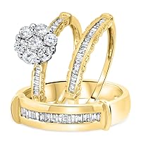 14K Yellow Gold Fn His/Her Wedding Trio Ring Set 1 1/2Ct Round & Baguette Sim Diamond