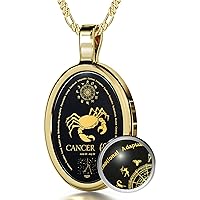 Cancer Necklace Zodiac Pendant for Birthdays 22nd June to 22nd July May Star Sign and Personality Characteristics Pure Gold Inscribed in Miniature Details on Onyx, 18