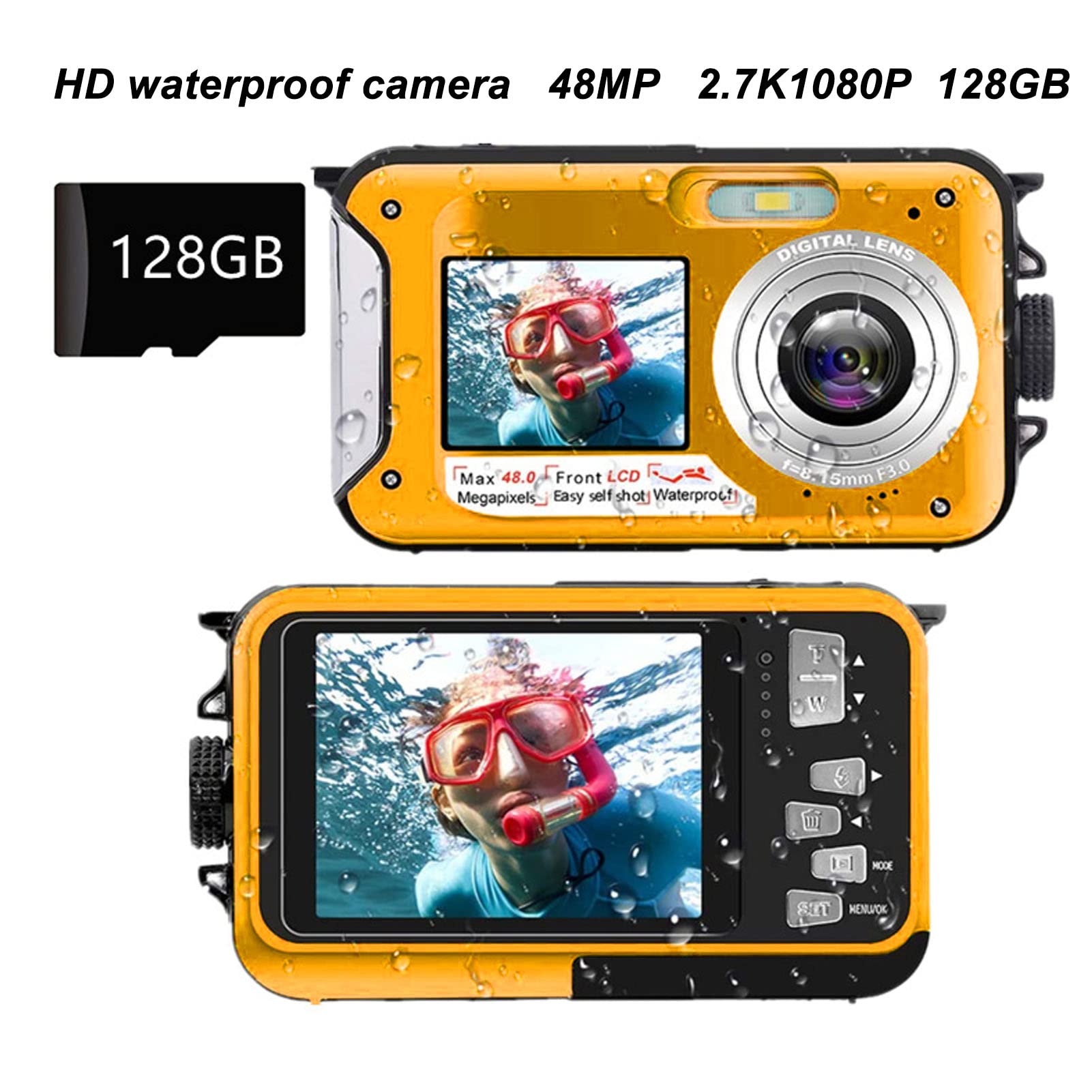 Waterproof Camera Underwater Camera 10 FT 2.7K Full HD 48MP 16X Digital Zoom Waterproof Digital Camera Self-Timer Dual Screens Anti Shake for Snorkeling,plplaaoo Travel and Vacation(Yellow), Wat