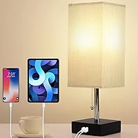 Bedside Table Lamp Bedroom Lamp with 2 USB Ports Solid Wood Nightstand Lamps with Pull Chain Ambient Light for Living Room, Kids Room, Dorm, Office (LED Bulb Included, Grey)