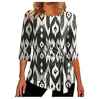 Women Summer 3/4 Sleeve Tops Retro Print Tops Irregular Hem Round Neck T Shirt Blouse Comfy Casual Loose Shirt