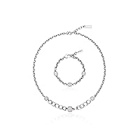 Rhodium Plated Crystal Link Chain Adjustable Necklace and Bracelet for Women-Elegant Gift for Women Girls, Luxury Jewelry Made in Korea