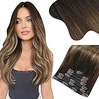 Moresoo Real Hair Extensions Clip in Human Hair Balayage Dark Brown to Dark Ash Blonde with Dark Blonde Ombre Human Hair Clip in Extensions Double Weft Clip in Human Hair Extensions 7pcs/150g 24inch