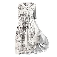 Casual Art Floral Print Button Midi Dress Women's Long Sleeve Loose Dress Flowy Swing Vintage Dresses with Drawstring