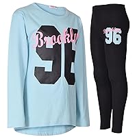 Girls Top Kids Brooklyn Print Contrast T Shirt Tops & Legging - Brooklyn Set 337 Aqua_11-12