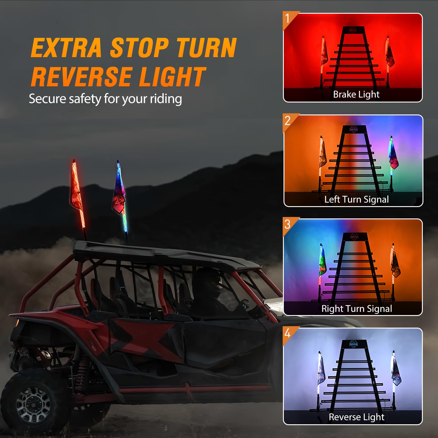 Nilight 2PCS 2FT RGB LED Whip Light with Extra Stop Turn Reverse Light, Remote & App Control, DIY Chasing Patterns, Safety Antenna Lighted Whips for ATV UTV Polaris RZR Can-am, 2 Year Warranty