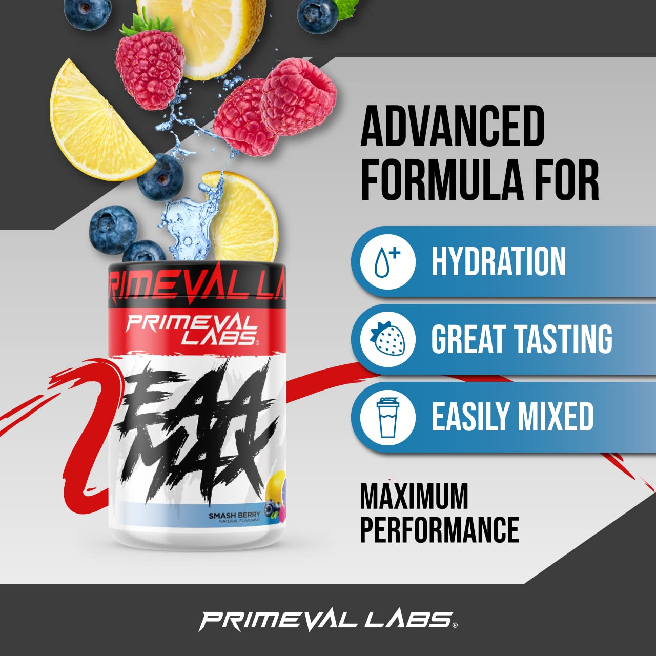 Primeval Labs EAA Max, BCAA Perfect Amino Acid Powder - Pre or Post Workout Muscle Recovery - BCAAs, EAAs, Electrolytes, Supports Hydration & Performance, Keto Friendly (Smashberry)