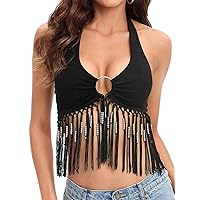 Women Going Out Sexy O Ring Fringe Crop Top Festival Tank Halter Corset
