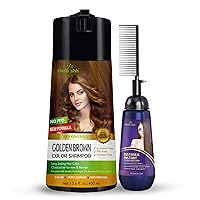 Hair Color Shampoo for Gray Hair Golden Brown 400 ML + Instant Hair Straightener Cream with Applicator Comb Brush 150 Ml