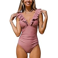 CUPSHE Women's Ruffled One Piece Swimsuit V Neck Lace Up