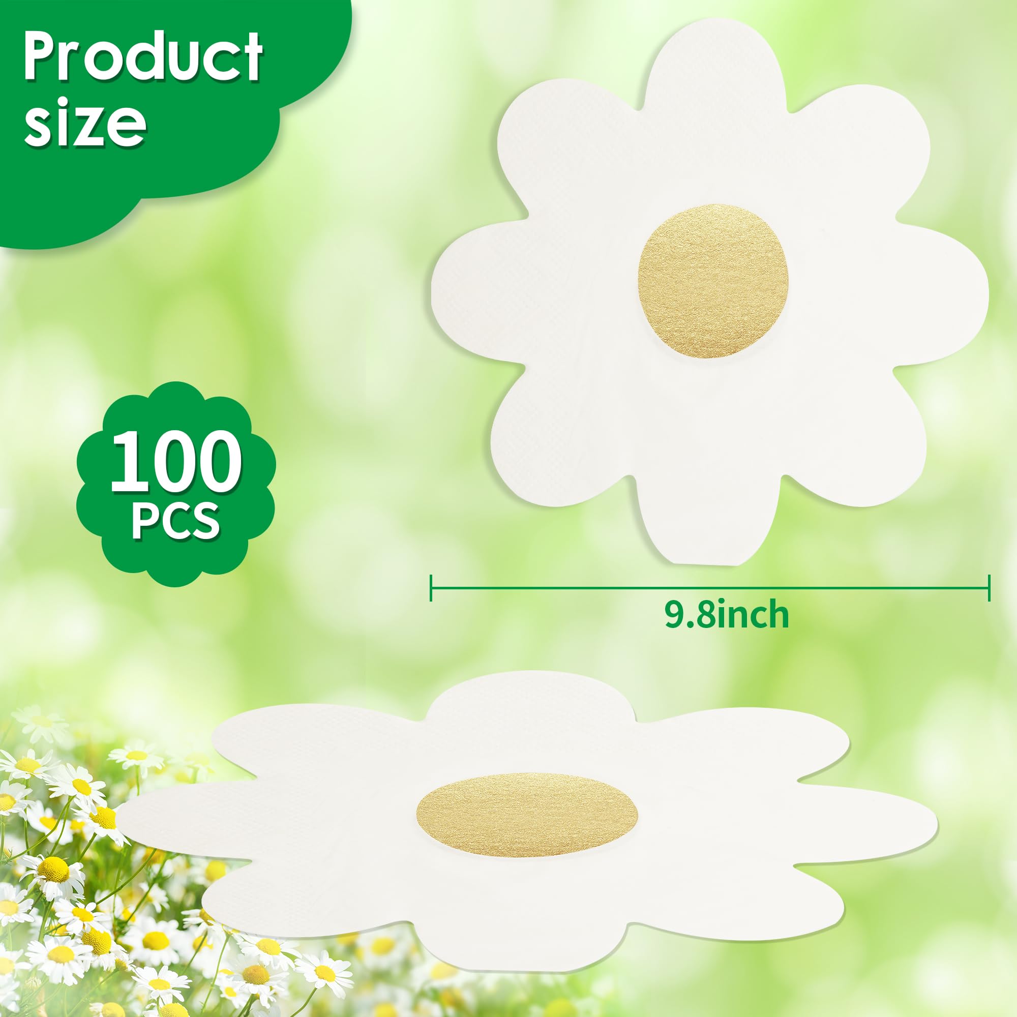 100 Pcs Daisy Paper Napkins Groovy Boho Disposable Hippie Lunch Dinner Napkins Flower Shaped Gold Foil Napkins for Tableware Birthday Wedding Baby Shower Cocktail Party Supplies