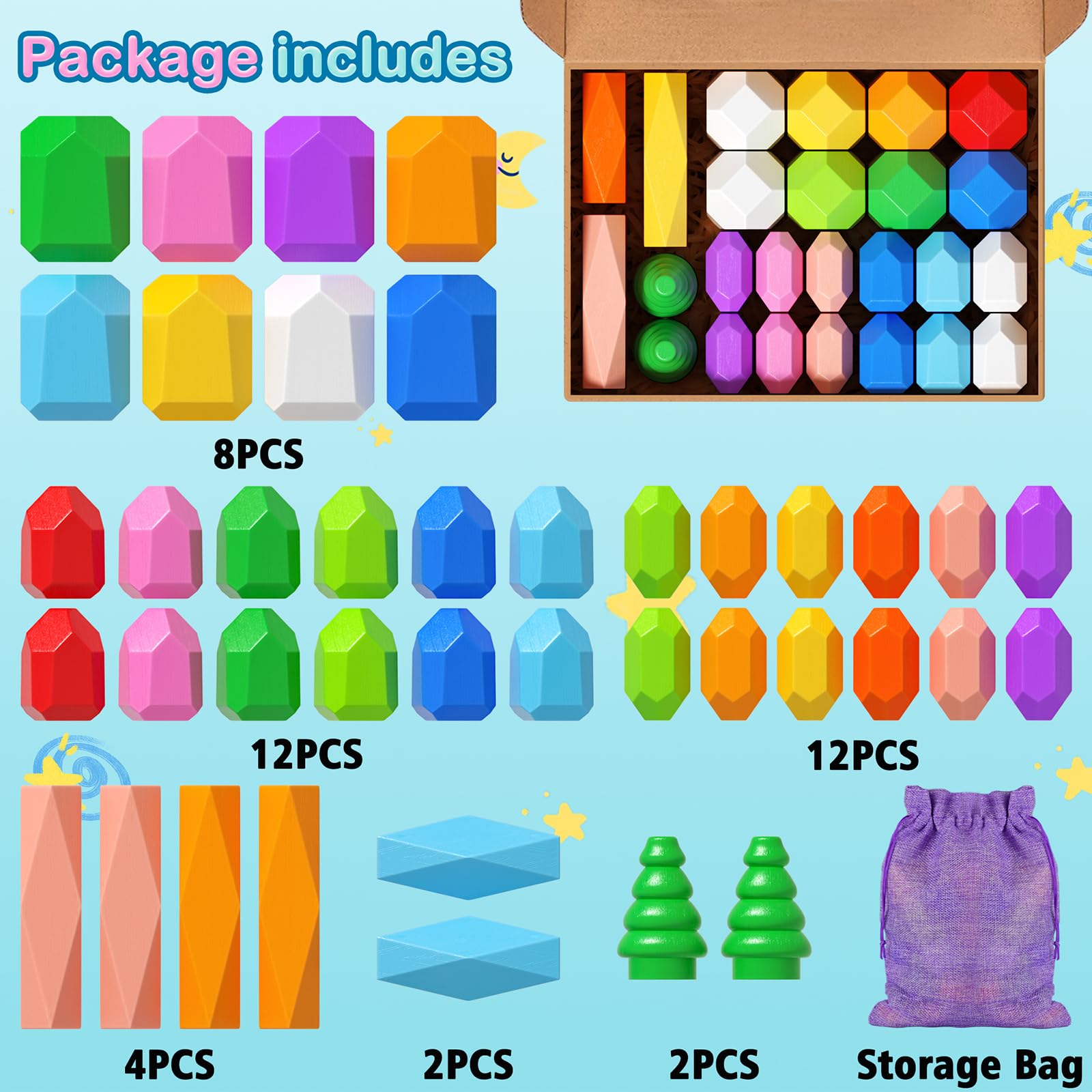 40PCS Wooden Stacking Rocks Toys, Montessori Toys for 1 2 3 year old, Stacking toys for Toddlers, Sensory STEM Preschool Learning Building Blocks Toys for Kids age 3-5, Kids Games Gifts for Boys Girls