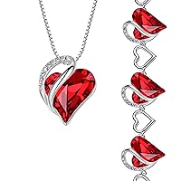 Leafael Infinity Love Heart Necklace and Bracelet for Women, July Birthstone Crystal Jewelry, Silver Tone Bundle Gifts for Women, Siam Ruby Red