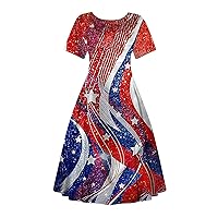 Warehouse Clearance Open Box Deals, Womens Dresses, Sundresses for Women 2024 Trendy 4Th of July Printed Casual Round Short Sleeve Vintage Midi Hepburn Dress (3XL, Red)