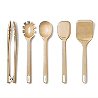 Caraway Wooden Utensil Set - 5 Piece Cooking Utensil Set - Spoon, Server, Scraper, Spatula, & Tongs - Made From FSC-Certified Birch Wood - No Microplastics