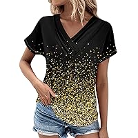 Womens Summer Tops 2024 Trendy Floral Pattern V-Neck Short Sleeve Comfy Tops Oversized Tshirts