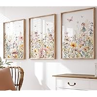 NATVVA 3 Pieces Wildflower Field Wall Art Canvas Prints Butterfly Flower Field Poster Painting Pictures for Girl Nursery Home Decor with Wooden Inner Frame