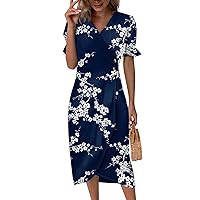 Floral Dress for Women Summer Casual Beach Dress V Neck A-Line Boho Ditsy Waist Puff Sleeve Wrap Hem Flowy Sundress