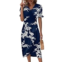 Summer Womens Dresses Summer Dresses for Women, 2024 Spring Summer Fashion Side Button Floral Dress, Short Sleeve V Neck Splice Dresses Dark Blue Medium