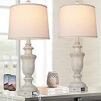 Farmhouse Table Lamps Set of 2 with USB Charging Port for Rustic Living Room Retro Bedroom,3-Way Dimmable Touch Lamp Resin Bedside Lamps for Nightstand Side End Table,Color 2