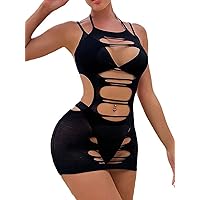 ACSUSS Womens Fishnet Bodycon Dress Mock Neck Long Sleeve Hollow Out Backless Mini Dress Nightwear Black H One Size