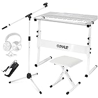 Heavy-Duty Electric Keyboard Accessories, E Piano Equipment Pack Includes Height Adjustable Z Shape Keyboard Stand, Keyboard Stool, Microphone Stand, Headset, and Sustain Pedal, White