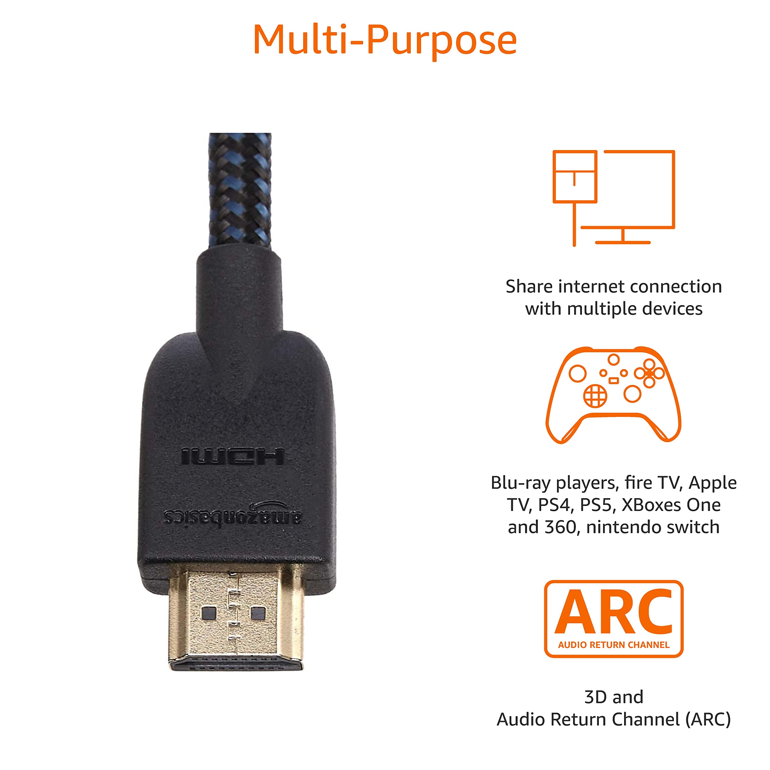 Amazon Basics HDMI Cable, 18Gbps High-Speed, 4K@60Hz, 2160p, Nylon-Braided Cord, Ethernet Ready, 3 Foot, Nylon
