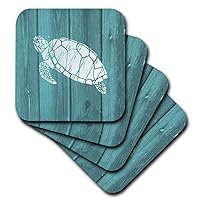 3dRose Turtle Stencil in White over Teal Weatherboard- not real wood - Soft Coasters, set of 8