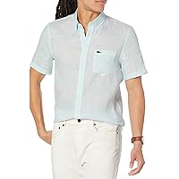 Lacoste Contemporary Collection's Men's Short Sleeve Regular Fit Linen Casual Button Down Shirt with Front Pocket