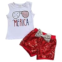 Little Girls 2 Pieces Tank Top Short Set Merica Sequin Patriotic Kids Outfit