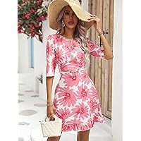 Women's Dress Dresses for Women Floral Print Keyhole Neckline Ruffle Hem Dress (Color : Pink, Size : Small)