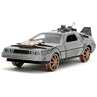 Delorean DMC (Time Machine) Brushed Metal Train Wheel Version Back to The Future Part III (1990) Movie Hollywood Rides Series 1/32 Diecast Model Car by Jada 34786