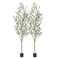 Faux Olive Tree 7ft，Olive Trees Artificial Indoor with Natural Wood Trunk and Realistic Leaves and Fruits. 7 Feet(84in) Fake Olive Tree for Home House Office Décor. 2 Pack.