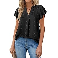 Gaharu Women's Notch V Neck Short Sleeve Chiffon Shirts Casual Lace Blouse Top