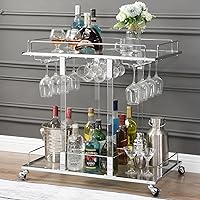 Silver Bar Cart Home Bar Serving Cart with Wine Rack 2-Tier Acrylic Bar Cart on Wheels Bar Stand for Living Room Kitchen Club