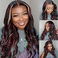 Multi Color Highlights 13X4 Lace Front Red and Loose Wave Wig, Transparent Lace Front Wig Black with Red and Blonde Highlights Human Hair Wig 150% Density 24 Inch