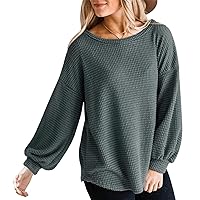 Women's 2024 Fall Long Balloon Sleeve Waffle Knit Tops Crew Neck Oversized Sweater Pullover