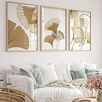3 Pieces Abstract Canvas Poster Prints Golden Ginkgo Leaves Wall Art Pictures Flower Botanical Painting Artwork for Living Room Bedroom Home Decor With Inner Frame